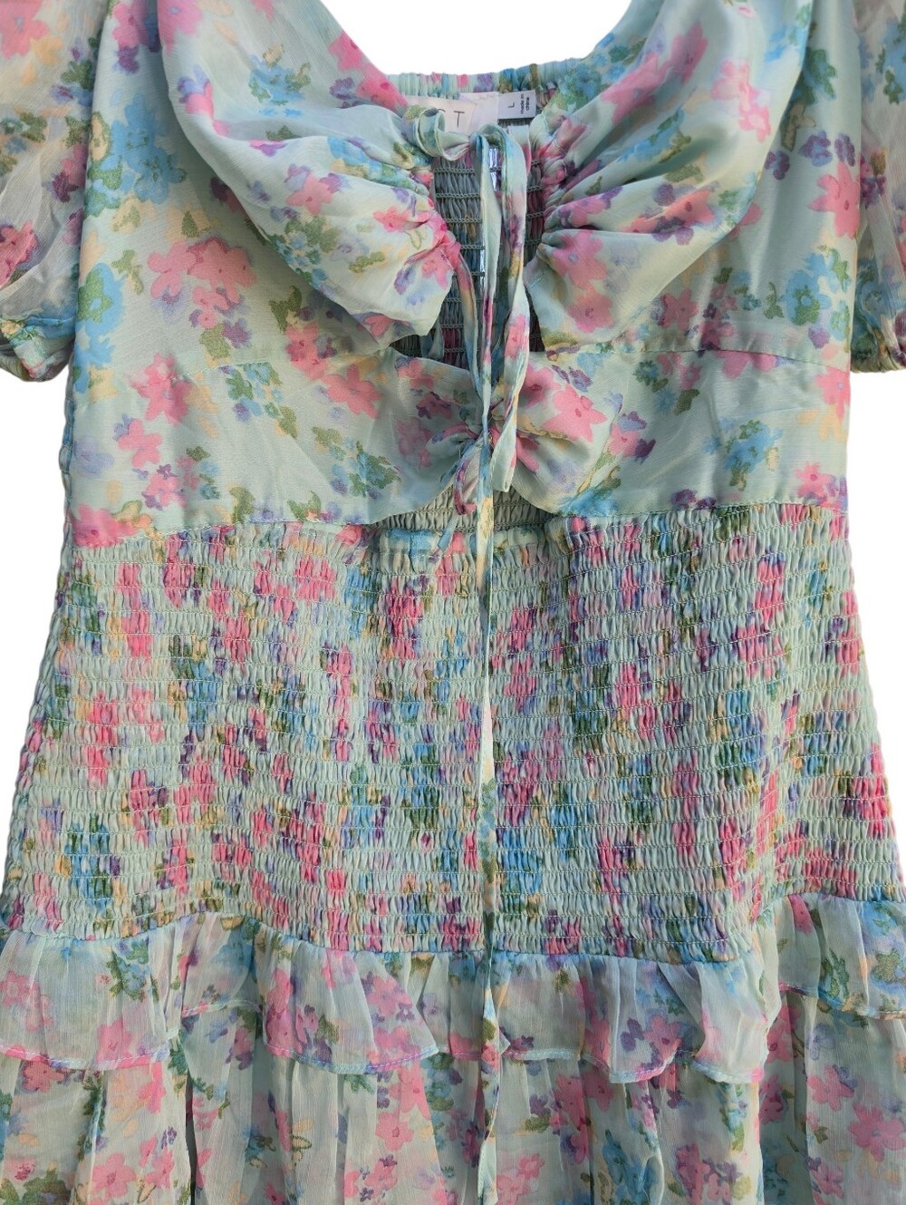 ASTR the Label Mint Multi Floral Chiffon Smocked Ruffle Mini Dress L - Picture 4 of 7
